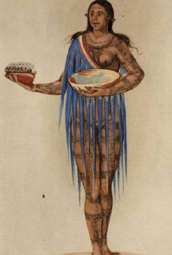 Historical image of First Contact Carolina Coastal Native American. Watercolor by John White.